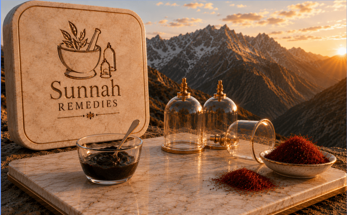 Sunnah Remedies heritage collection - saffron, shilajit, and hijama cupping vessels on a marble slab against a mountain sunset