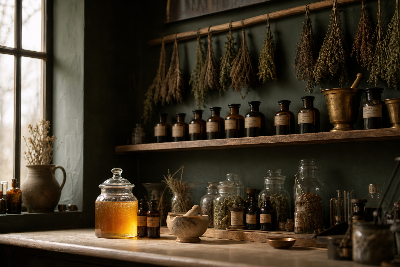 An apothecary dispensary with amber glass vessels of honey and oils arranged on aged wooden shelving