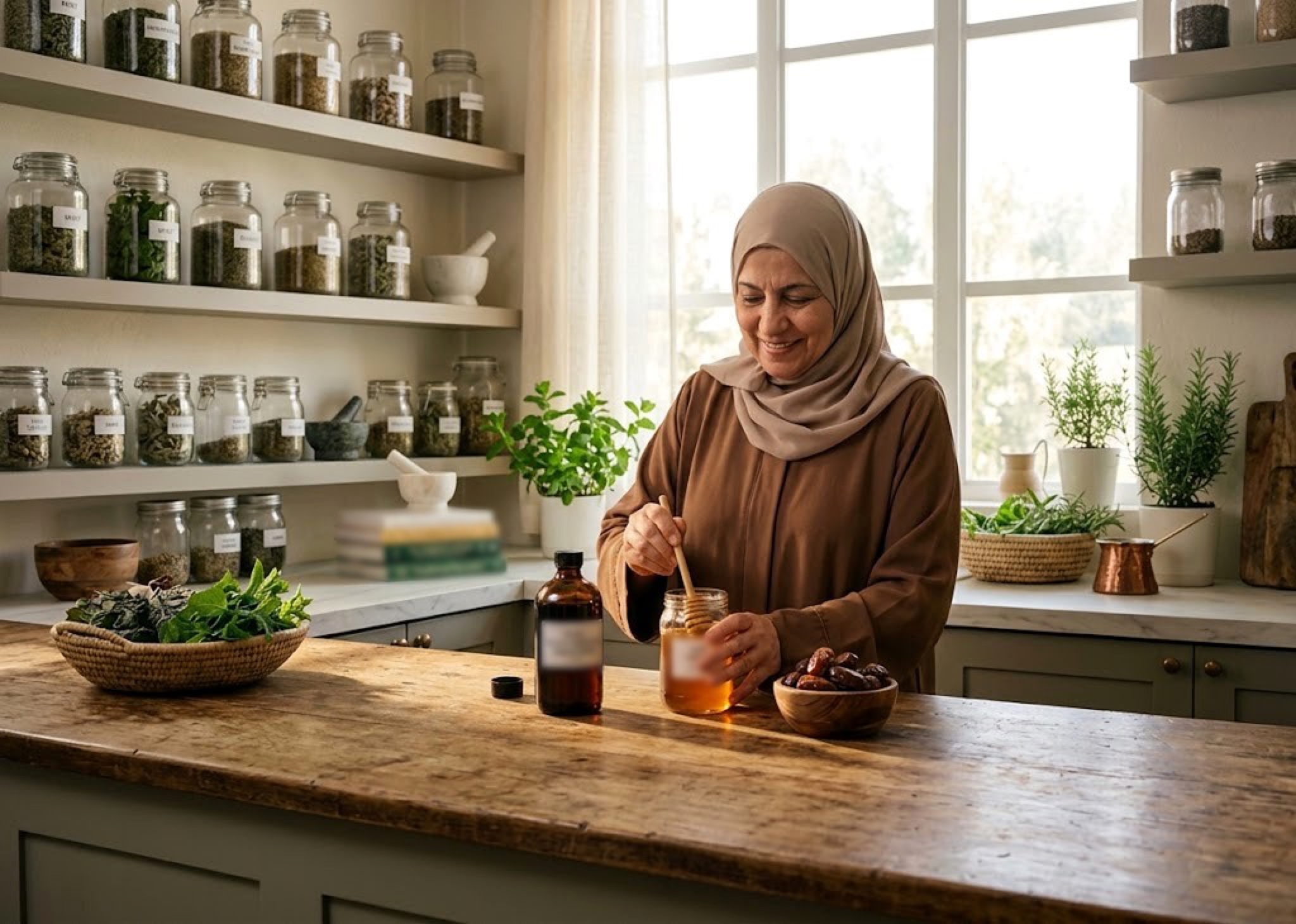 A woman stirring honey beside a bottle of black seed oil and a bowl of dates, in a sunlit kitchen lined with jars of herbs.