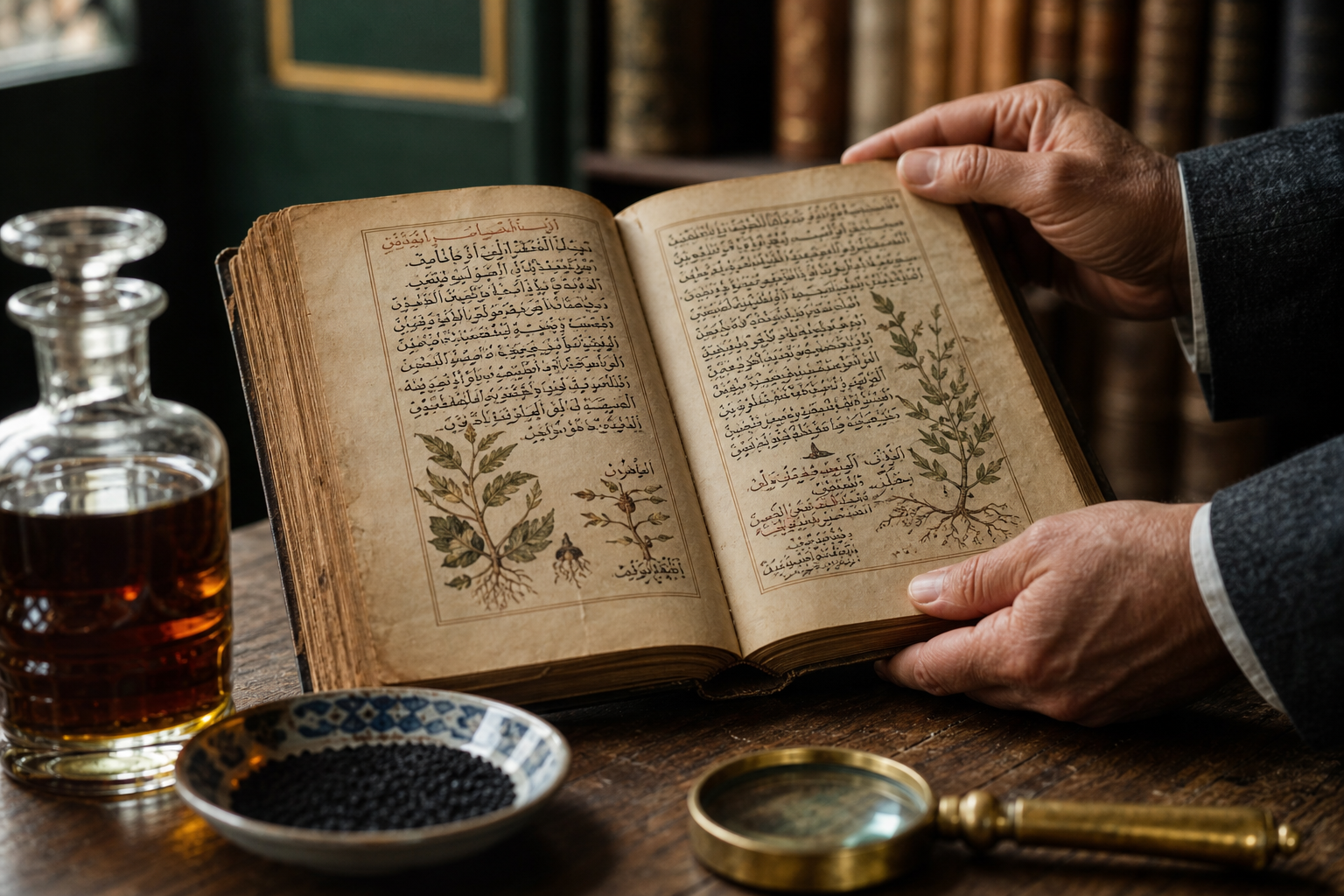 Scholarly hands examining an illuminated manuscript of Prophetic medicine beside glass vessels of amber oil and black seed