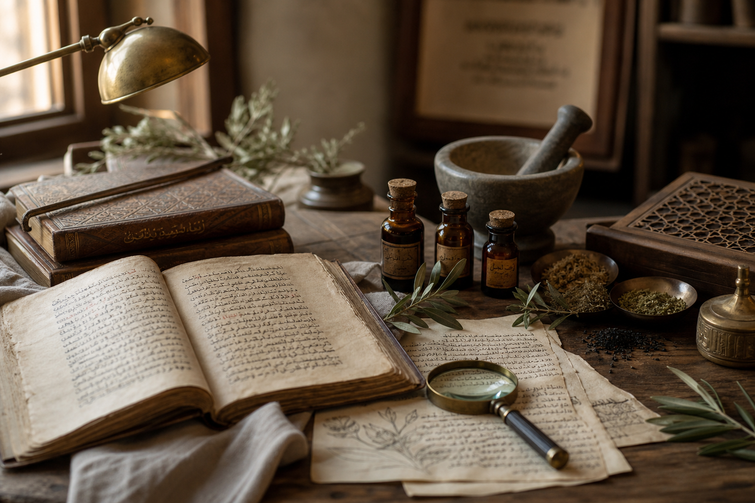 Research table — manuscripts, instruments, and natural specimens arranged for scholarly study