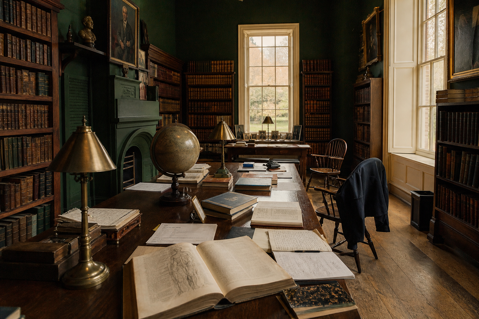 A scholarly reading room with open manuscripts and natural light